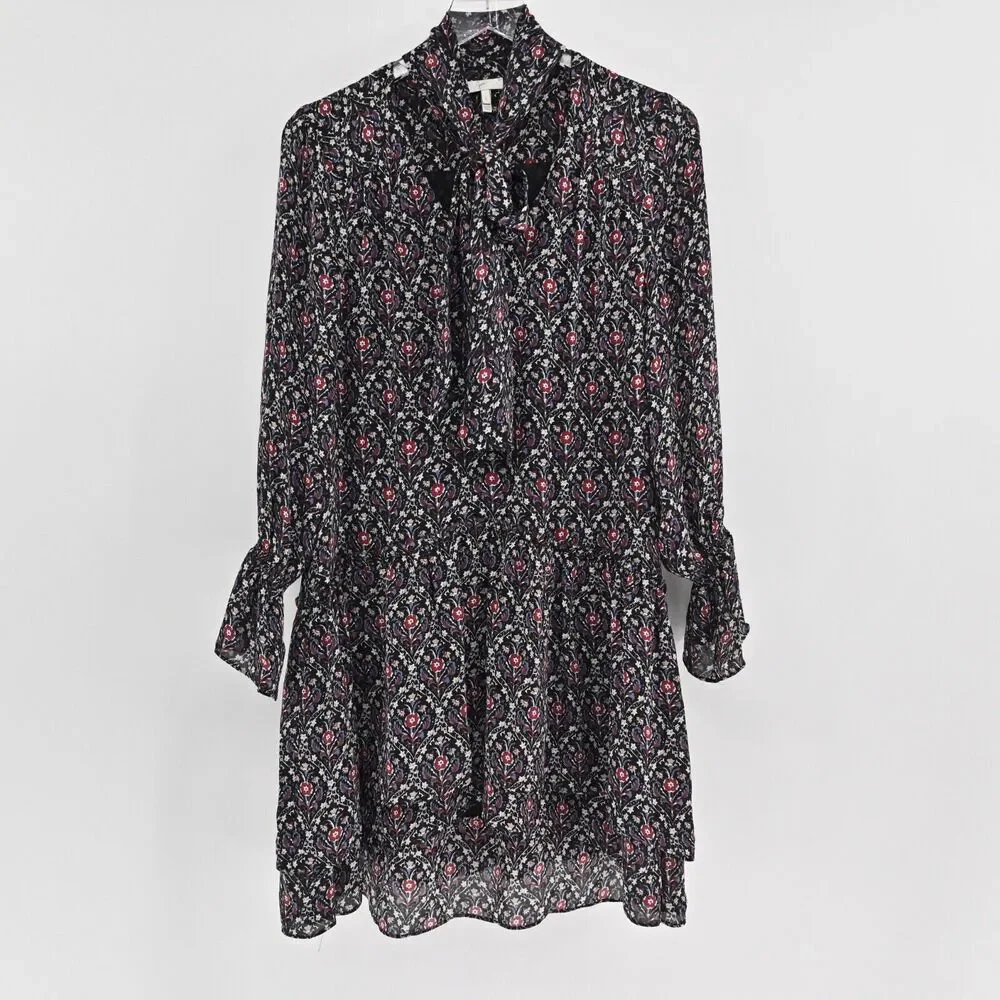 JOIE Dress Sz S Jamira Black Floral Silk Tie Neck Bell Sleeve Ruffle Mini Ditsy‎